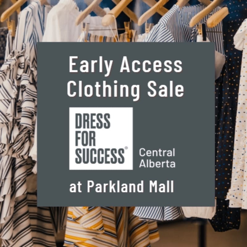 A dark grey announcement for a "Dress for Success" clothing sale is overlaid on a background of various garments hanging on a clothing rack.