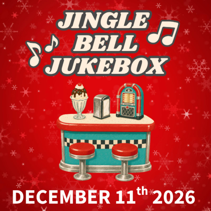 A retro diner counter with a jukebox, sundae, and stools sits against a red background featuring snowflakes and the text "JINGLE BELL JUKEBOX" and "DECEMBER 11th 2026".