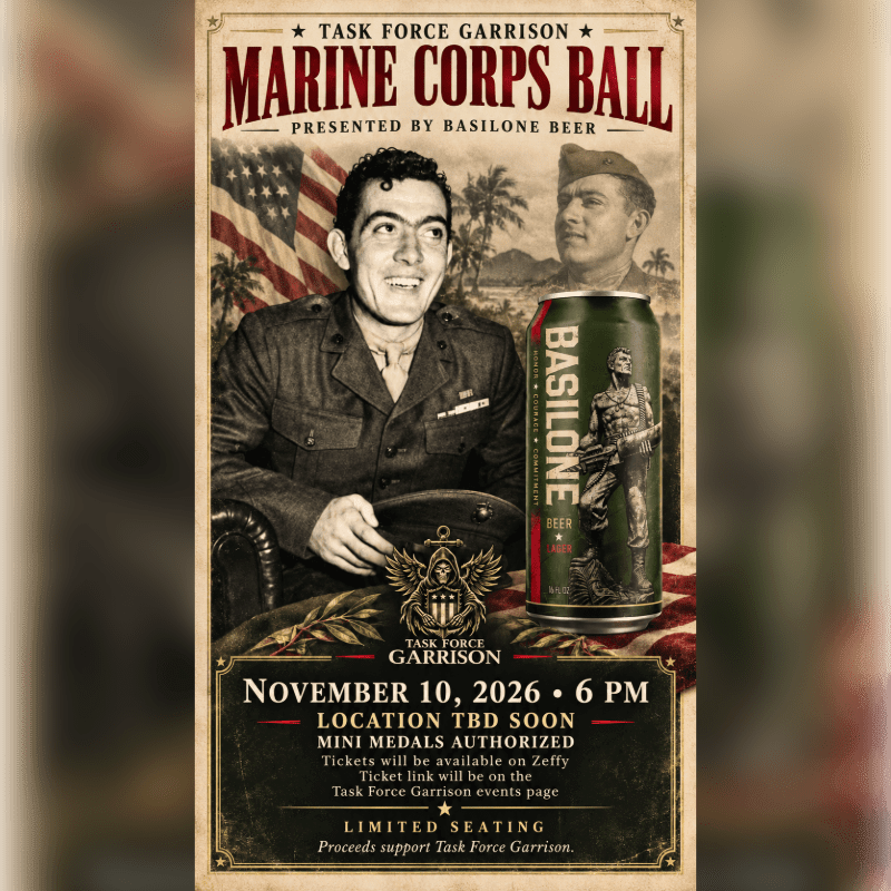 A promotional poster for a Marine Corps Ball features a vintage-style photo of Marines and a can of Basilone Beer in the foreground, set against a backdrop of an American flag and palm trees.