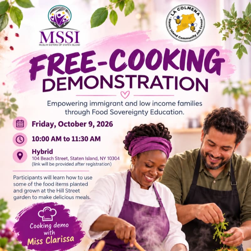 A promotional flyer for a free cooking demonstration features a smiling couple cooking in the foreground against a soft, blurred background of green foliage.