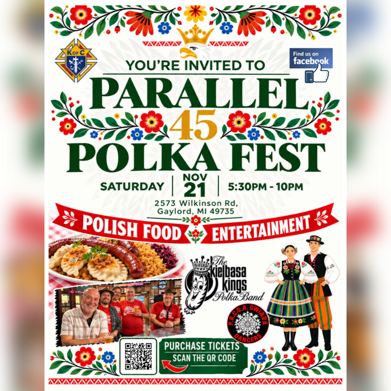 A colorful event flyer for the 45th Parallel Polka Fest features bold green text and folk art in the foreground, set against a white background with floral borders and images of Polish food and dancers.