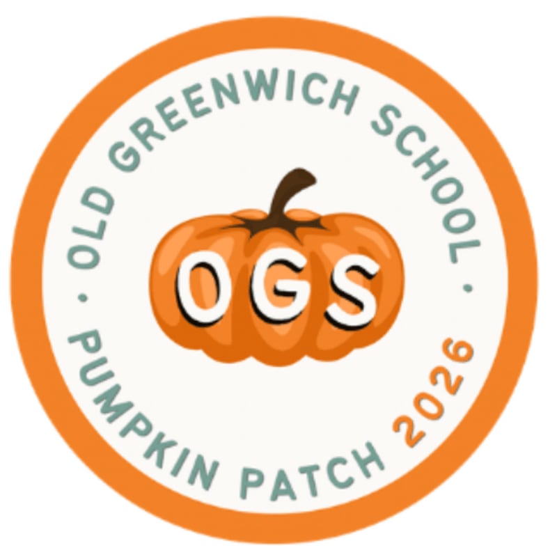 An orange pumpkin with the letters "OGS" sits in the center of a white circular background, surrounded by an orange border containing the text "OLD GREENWICH SCHOOL PUMPKIN PATCH 2026".
