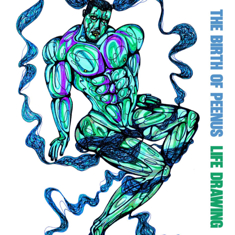 A muscular, iridescent green and purple figure is surrounded by swirling blue ribbons against a plain white background.