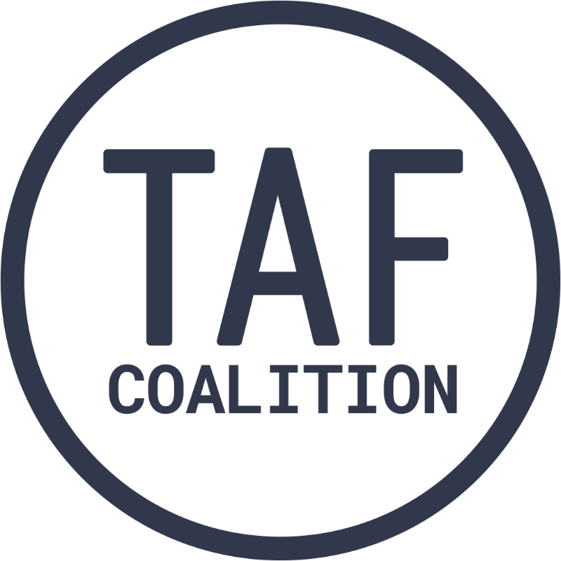 Dark blue text reading "TAF COALITION" is centered within a dark blue circular border on a plain white background.
