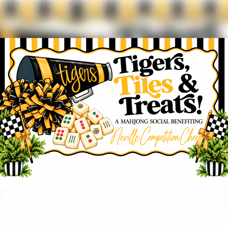 A megaphone, pom-pom, and mahjong tiles sit in the foreground against a yellow and black striped background with text announcing a social event.