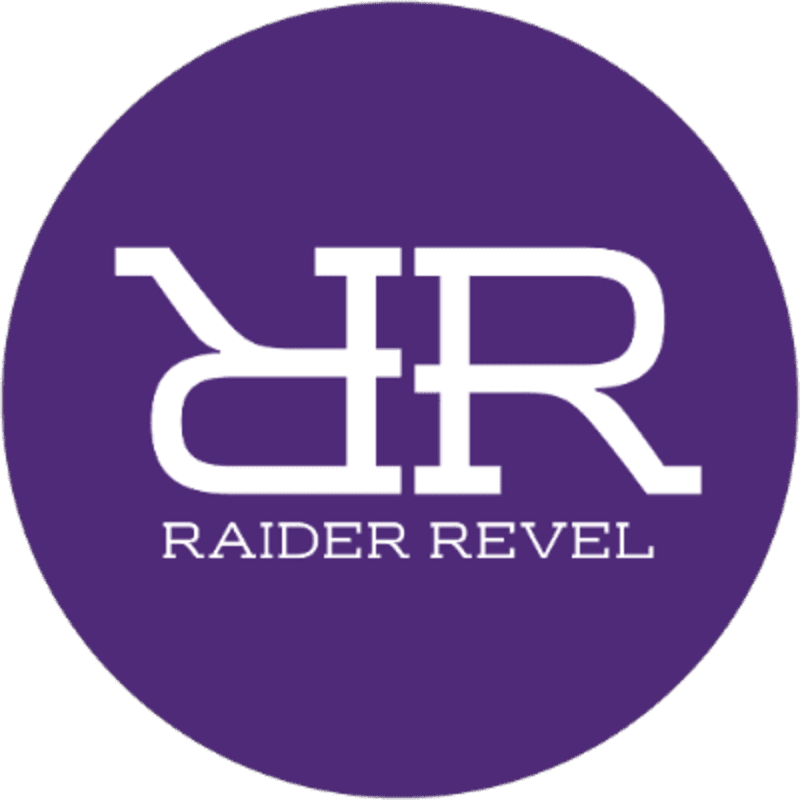 White stylized letters "RR" and the words "RAIDER REVEL" are centered on a solid purple circular background.