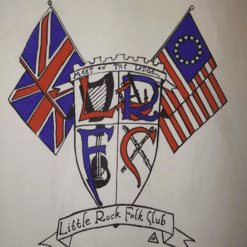 A crest with the words "Little Rock Folk Club" and two flags, the Union Jack and the Betsy Ross flag, are displayed against a white background.