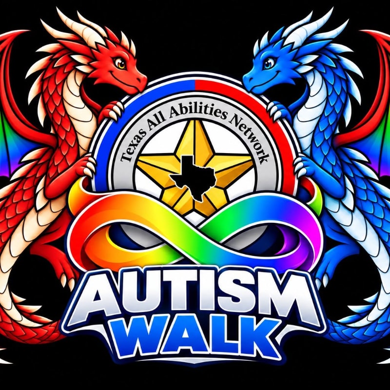 A red dragon and a blue dragon flank a circular logo and a rainbow infinity symbol above the words "AUTISM WALK" against a solid black background.