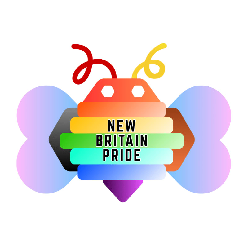 A colorful butterfly logo with the text "NEW BRITAIN PRIDE" is centered against a plain white background.