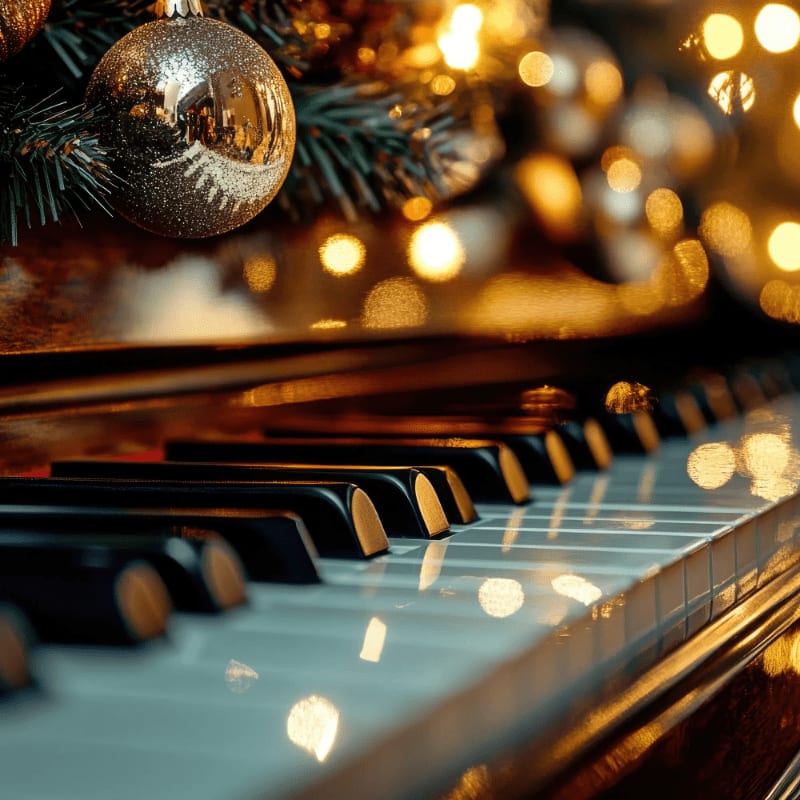 Piano keys are in the foreground, with a gold Christmas ornament and blurred festive lights in the background.