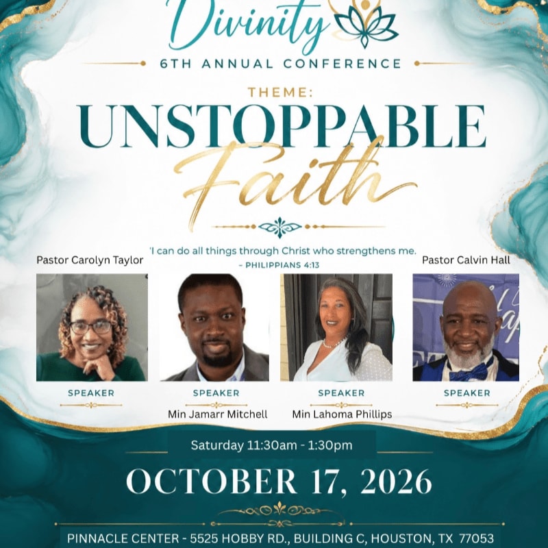 Four speaker portraits and event details for the "Unstoppable Faith" conference are set against a teal and white marbled background with gold accents.
