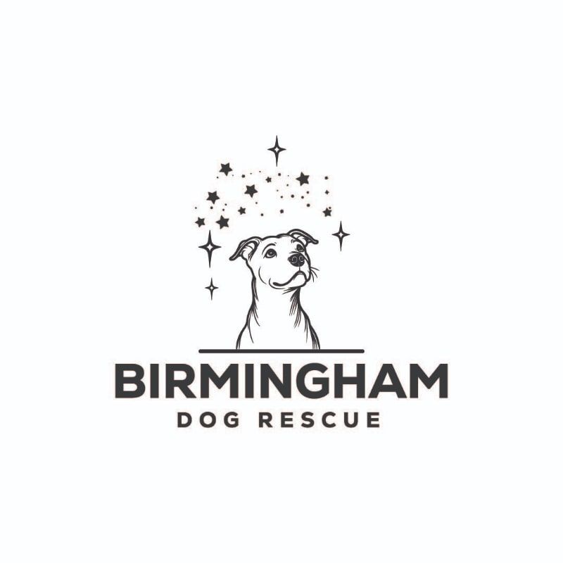 A black and white logo featuring a sketch of a dog surrounded by stars against a plain white background, with the text "BIRMINGHAM DOG RESCUE" below.
