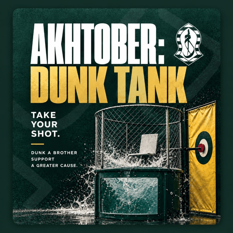 A dunk tank with splashing water sits in the foreground against a dark green background featuring bold text that reads "AKHTOBER: DUNK TANK."