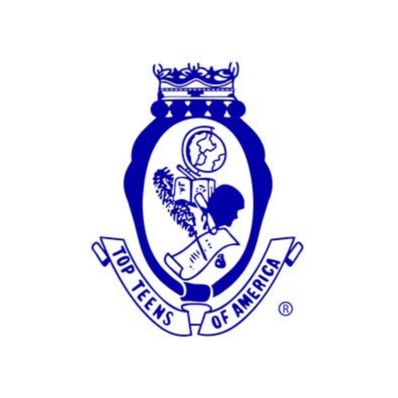 A blue emblem featuring a student, a globe, and a quill in the foreground against a plain white background.