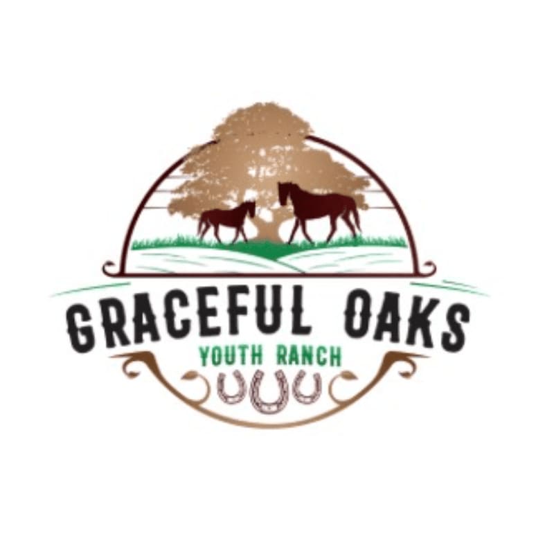 Two horses stand beneath a large oak tree in the background, with the words "GRACEFUL OAKS YOUTH RANCH" and four horseshoes in the foreground.