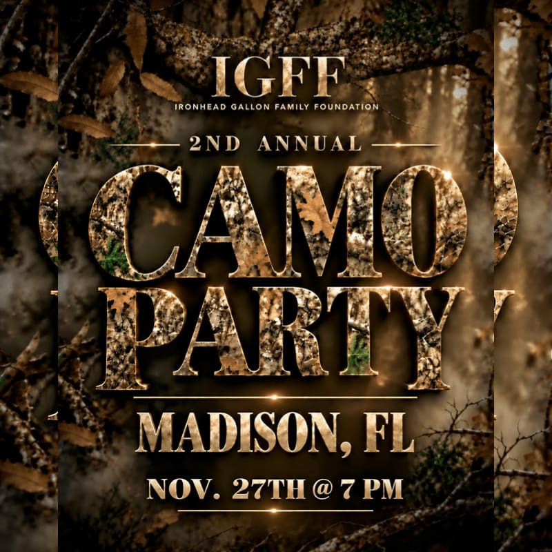 Gold-textured text announcing a "Camo Party" in Madison, FL, is layered over a blurred background of forest branches and foliage.