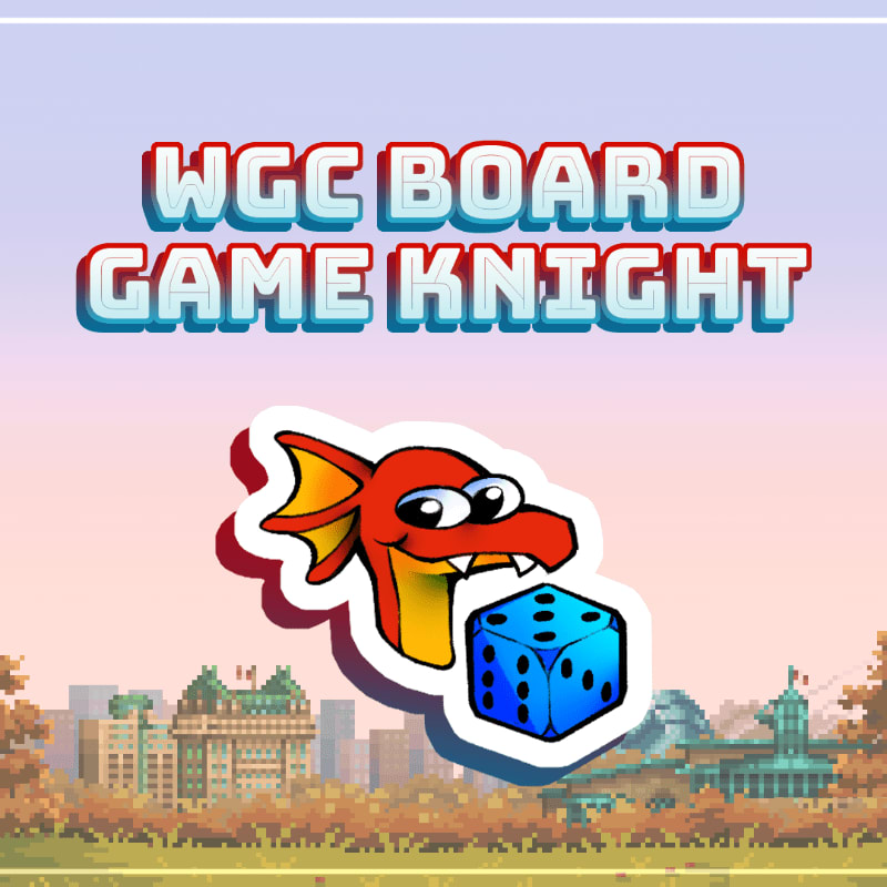 A red dragon holding a blue die sits in the foreground against a background of pixelated city buildings and a pinkish sky with "WGC BOARD GAME KNIGHT" text above.