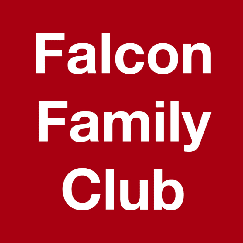 White text reading "Falcon Family Club" is centered against a solid red background.