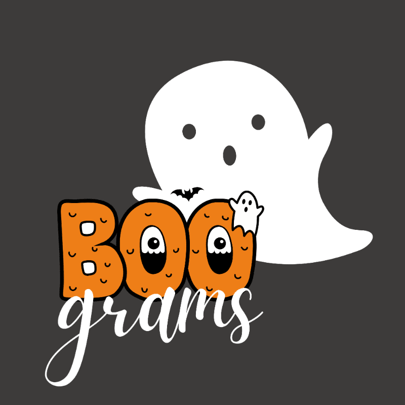 A large white ghost looms behind the orange text "BOO grams" against a dark gray background.