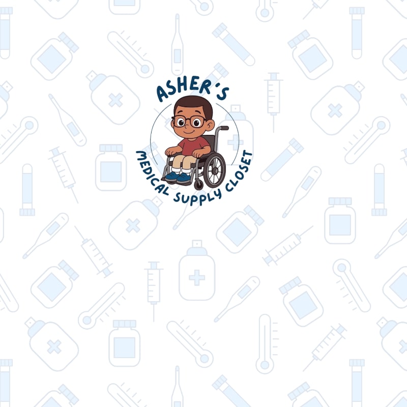 A logo featuring a young boy in a wheelchair surrounded by the text "Asher's Medical Supply Closet" is centered over a light blue background patterned with medical icons.