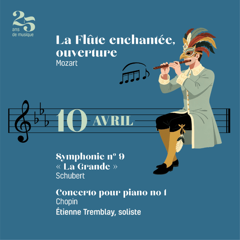 An illustration of a masked musician playing a flute sits in the foreground against a blue background featuring musical notes, a staff, and concert details.