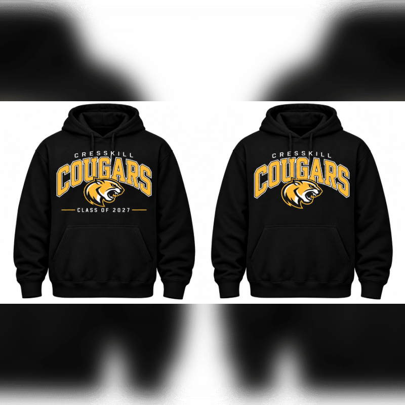 Two black hoodies with yellow "Cresskill Cougars" graphics are positioned side-by-side against a blurred, grayscale background.
