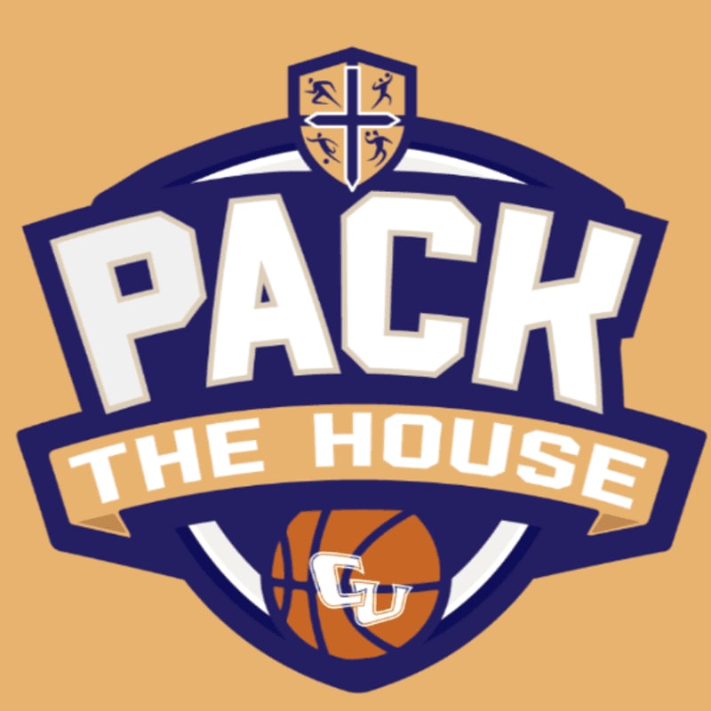 A blue and white "PACK THE HOUSE" sports logo featuring a basketball and a shield is set against a solid tan background.
