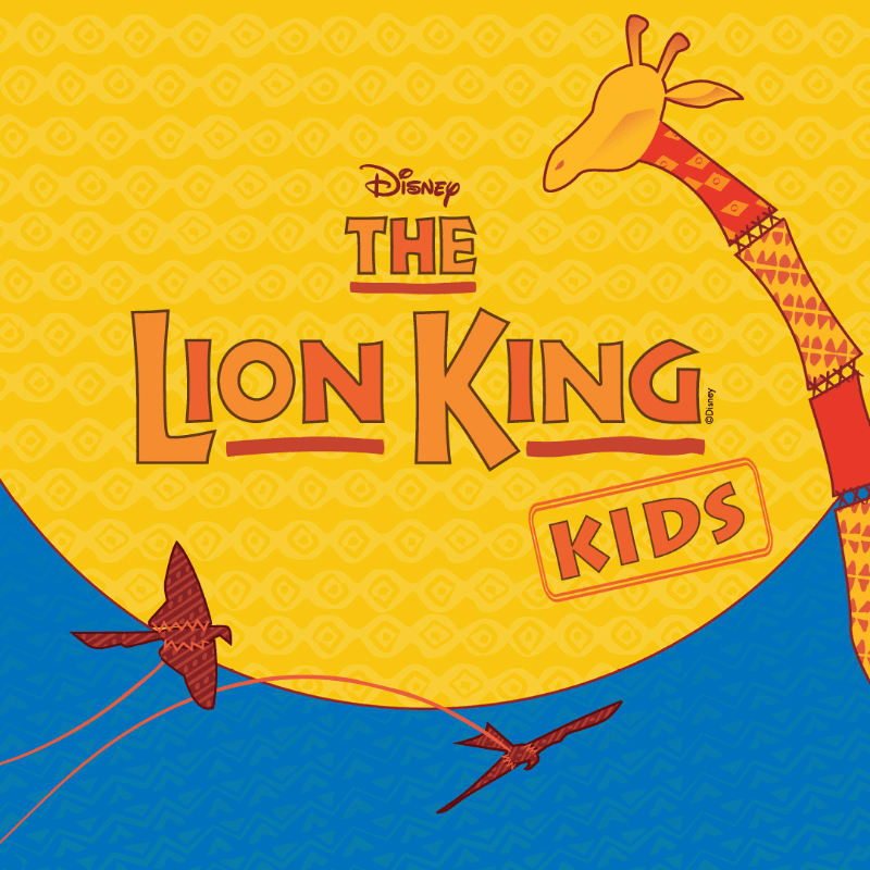 The words "The Lion King Kids" and a giraffe's neck are set against a large yellow sun and a blue patterned background with two birds flying below.