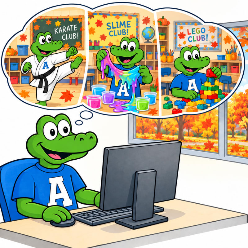 A green crocodile sits at a computer in the foreground, imagining various school clubs in a thought bubble above him against a background of an autumn window view.