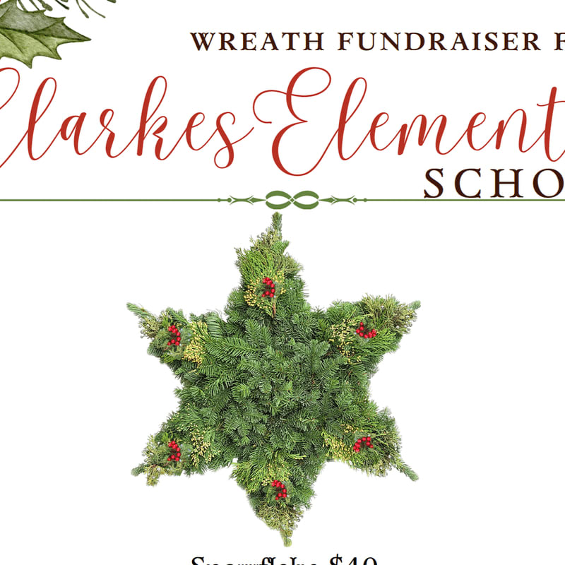 A star-shaped evergreen wreath with red berries sits in the foreground against a white background featuring red and black text for a school fundraiser.