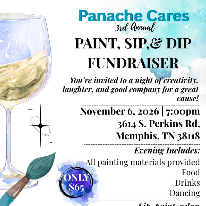 A glass of white wine and a paintbrush sit in the foreground of a fundraiser flyer with blue watercolor splashes in the background.