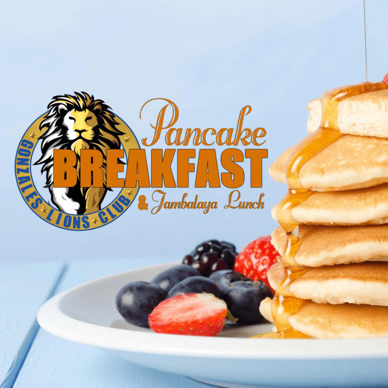 A stack of syrup-covered pancakes and fresh berries sit on a white plate in the foreground, with a light blue background featuring a "Pancake Breakfast & Jambalaya Lunch" announcement and a lion logo.