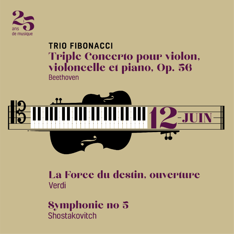 A stylized graphic of a piano keyboard overlaid on a violin silhouette sits in the foreground against a plain tan background with concert text.