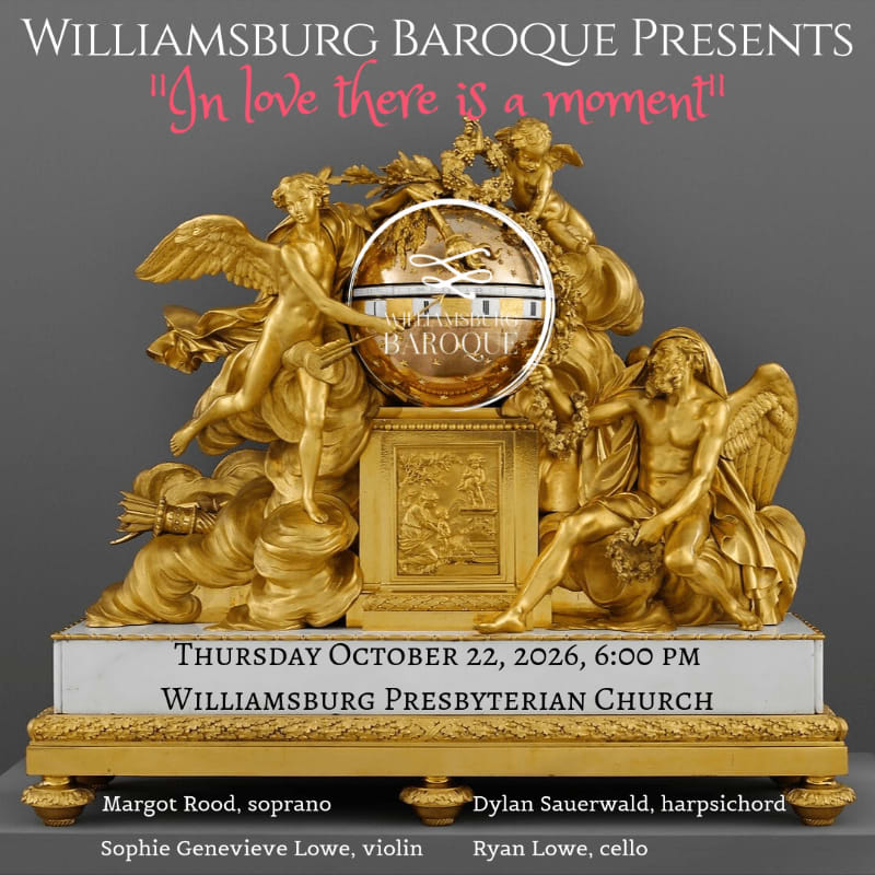 A golden sculpture of angels and clouds sits atop a white marble base against a plain grey background, overlaid with text for a musical performance.