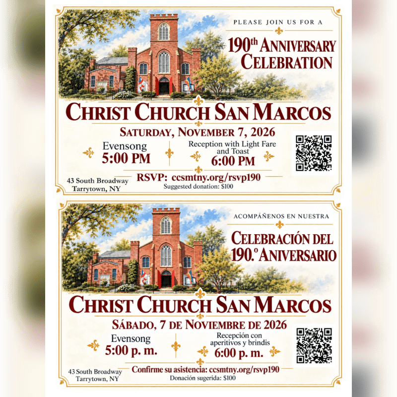 An invitation for the 190th anniversary of Christ Church San Marcos features a red brick church building set against a backdrop of green trees and a blue sky.