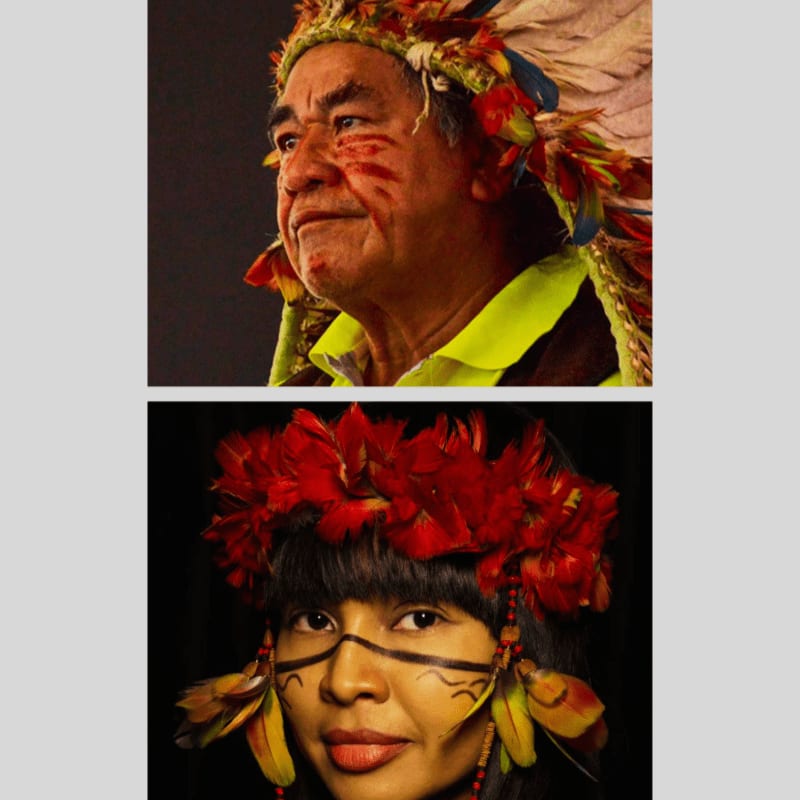 Two portraits of people wearing traditional feathered headdresses are set against dark, plain backgrounds.
