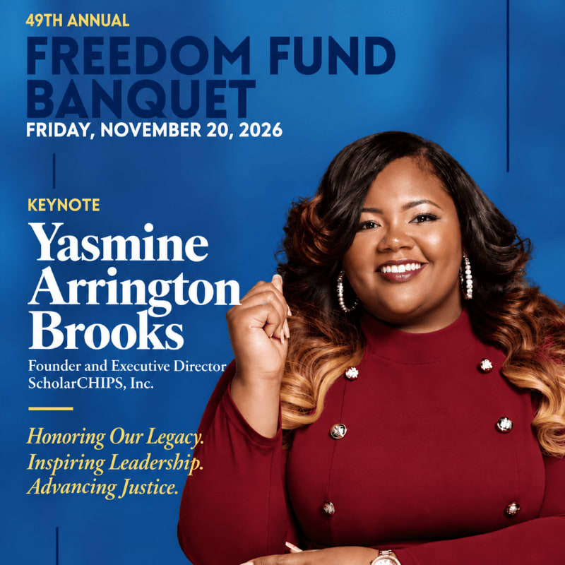 A smiling woman in a maroon dress stands in the foreground against a blue background featuring text for the 49th Annual Freedom Fund Banquet.