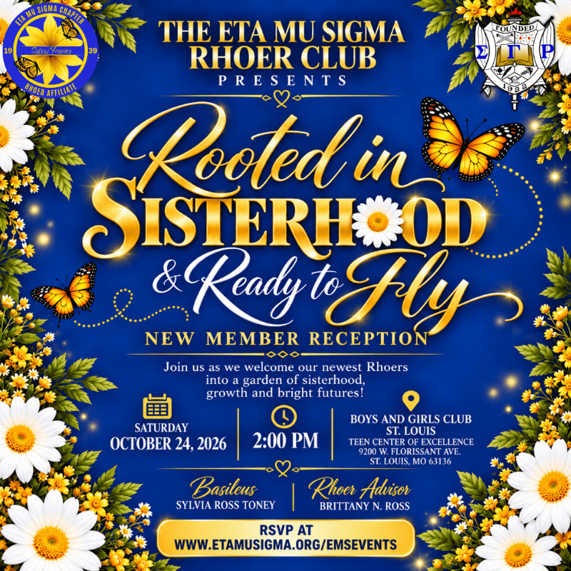 Gold and white text announcing a "Rooted in Sisterhood & Ready to Fly" reception sits against a deep blue background framed by white daisies, yellow flowers, and orange butterflies.