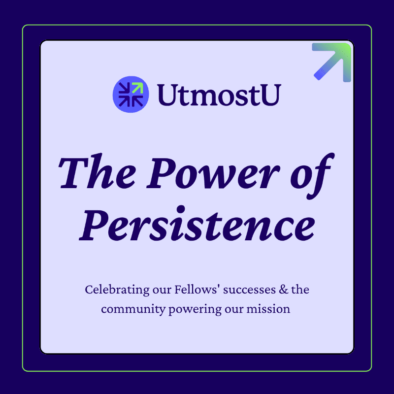 Dark blue text reading "The Power of Persistence" and a supporting caption are centered on a light lavender square background, all framed by a deep purple border.