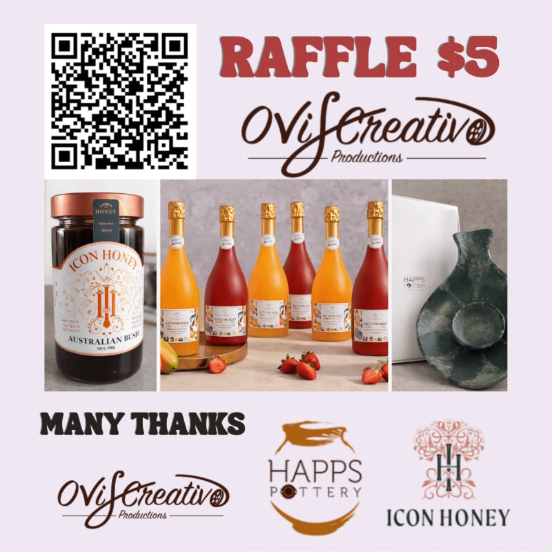 A promotional raffle flyer features a QR code and logo at the top, a middle section showcasing honey, bottles of juice, and pottery, and a bottom section with thank-you messages and sponsor logos.