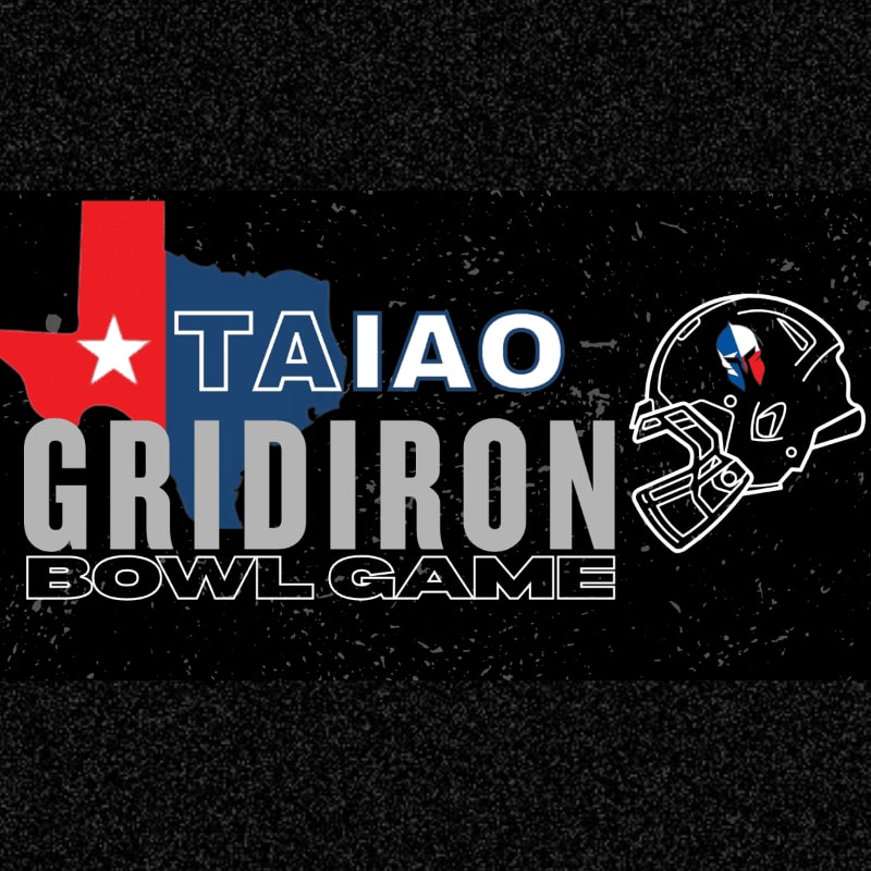 Text reading "TAIAO GRIDIRON BOWL GAME" and a football helmet are positioned in the foreground against a dark, textured background featuring a red and blue map of Texas.