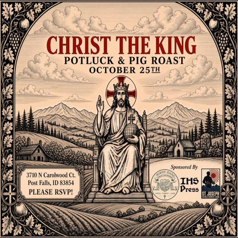 A seated figure of Christ the King occupies the center foreground, set against a background of rolling hills, a small church, and distant mountains.