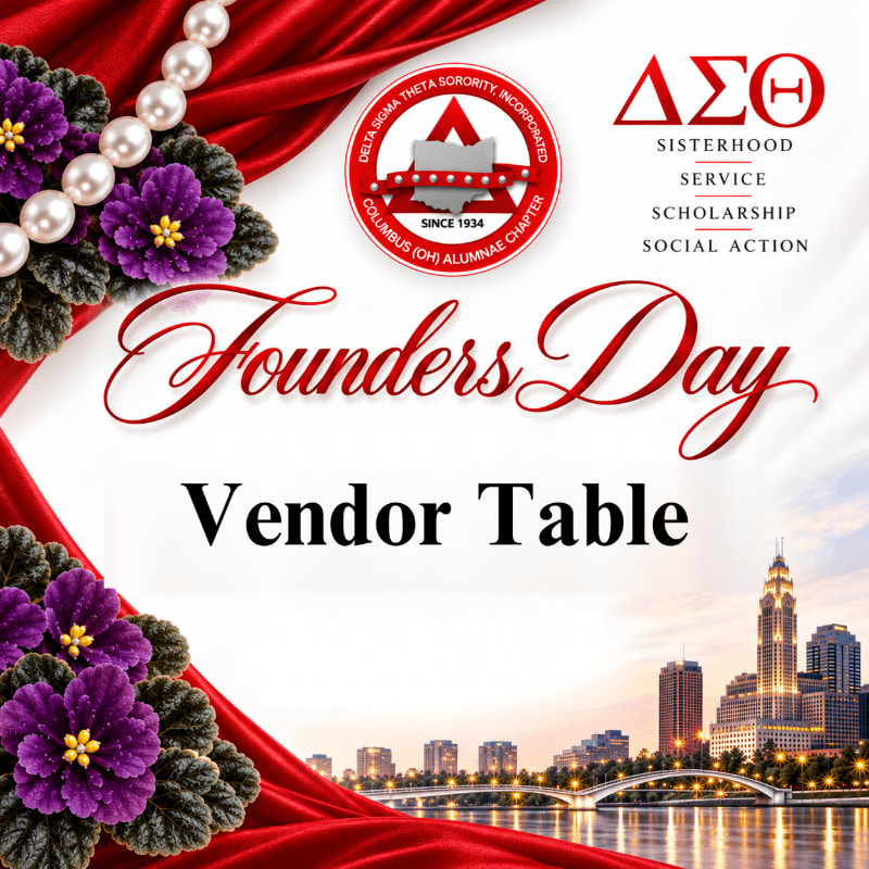 A "Founders Day Vendor Table" announcement is framed by red fabric, purple flowers, and pearls in the foreground, with a city skyline and bridge in the background.