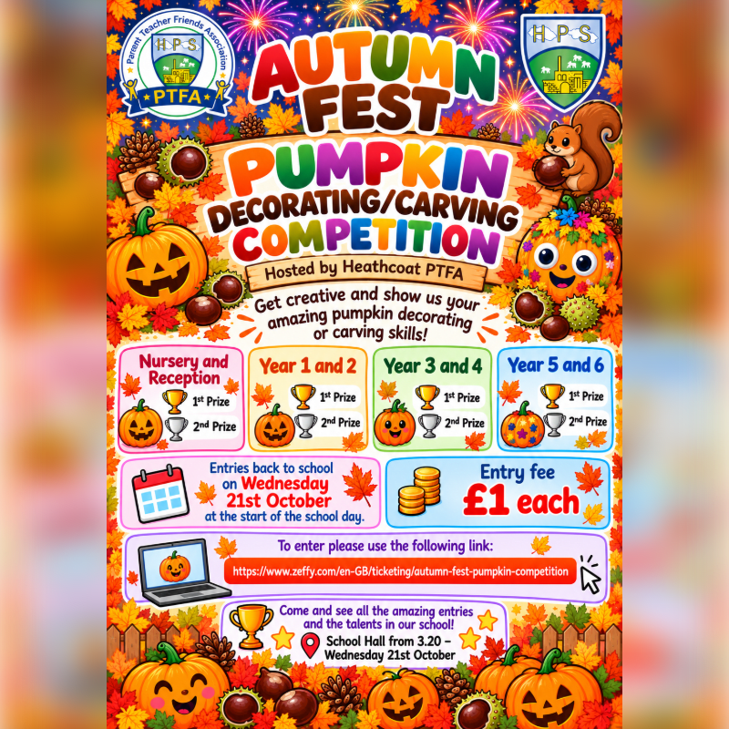 A colorful promotional flyer for a pumpkin decorating competition features festive autumn foliage and pumpkins in the foreground and background.