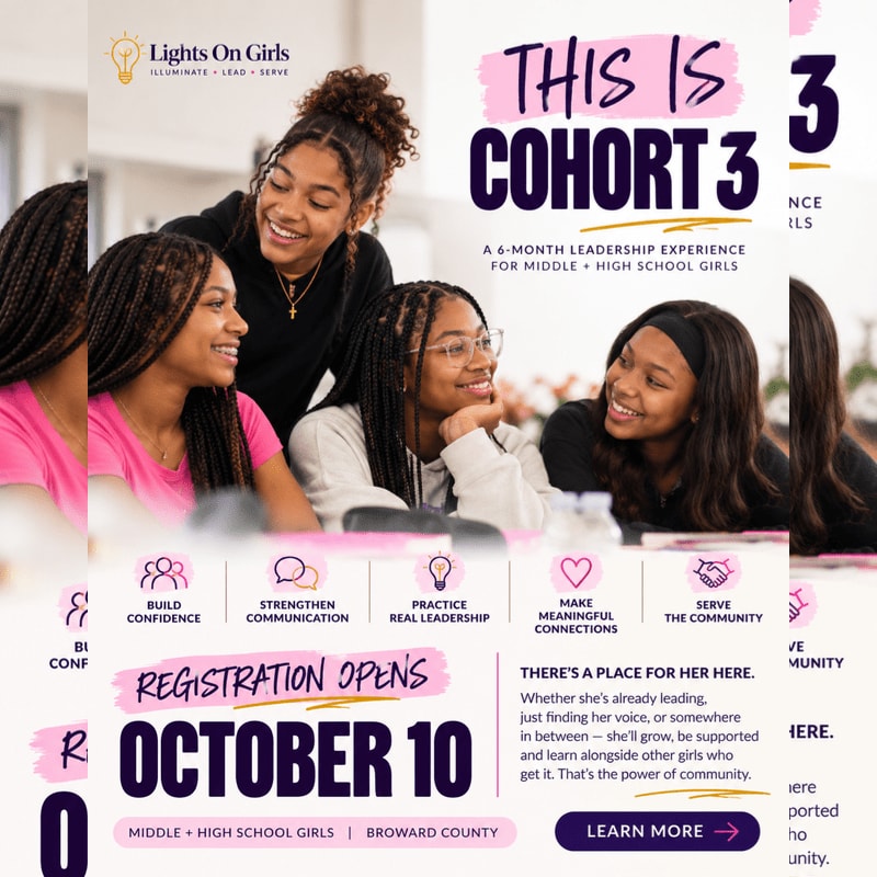Three smiling teenage girls are positioned in the foreground against a blurred indoor background, accompanied by promotional text for a leadership program.