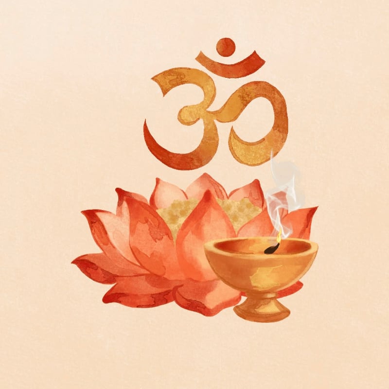 A lit diya lamp and a pink lotus flower sit in the foreground beneath a large orange Om symbol on a plain beige background.