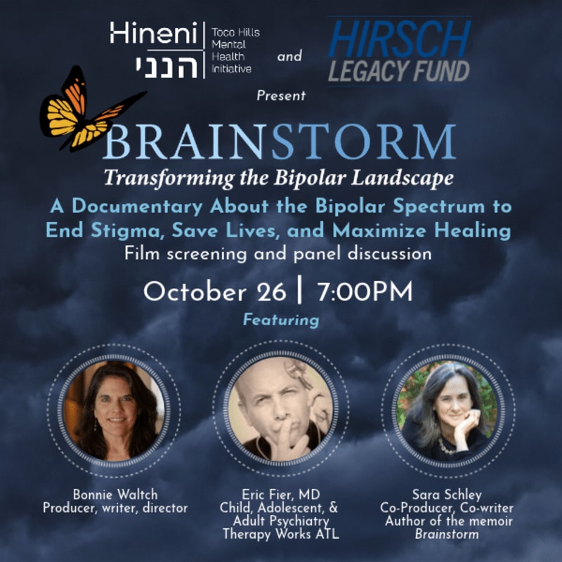 An event flyer for the documentary "BRAINSTORM" features text and headshots of three speakers in the foreground against a dark, cloudy blue background.