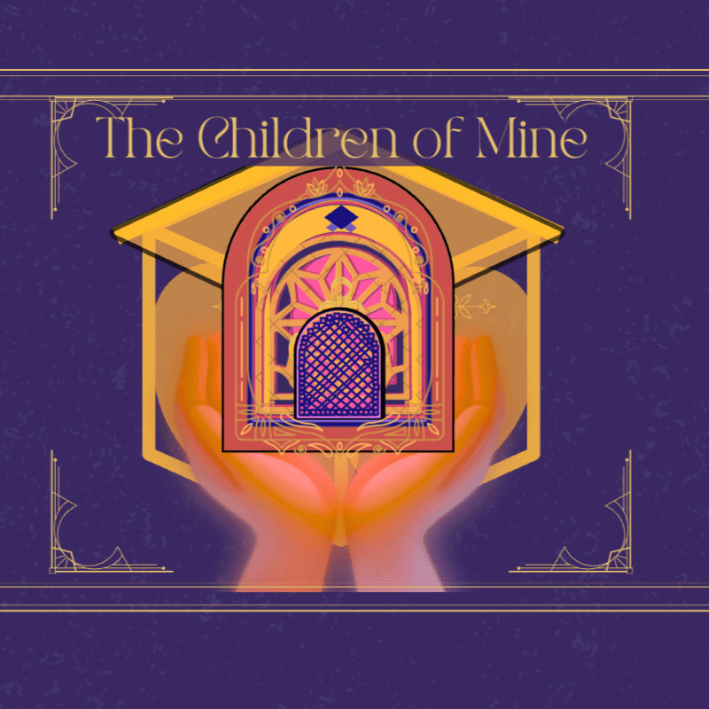 Two glowing hands cradle a stylized, ornate doorway with a stained-glass window, all set against a dark purple background with decorative borders and the title "The Children of Mine."