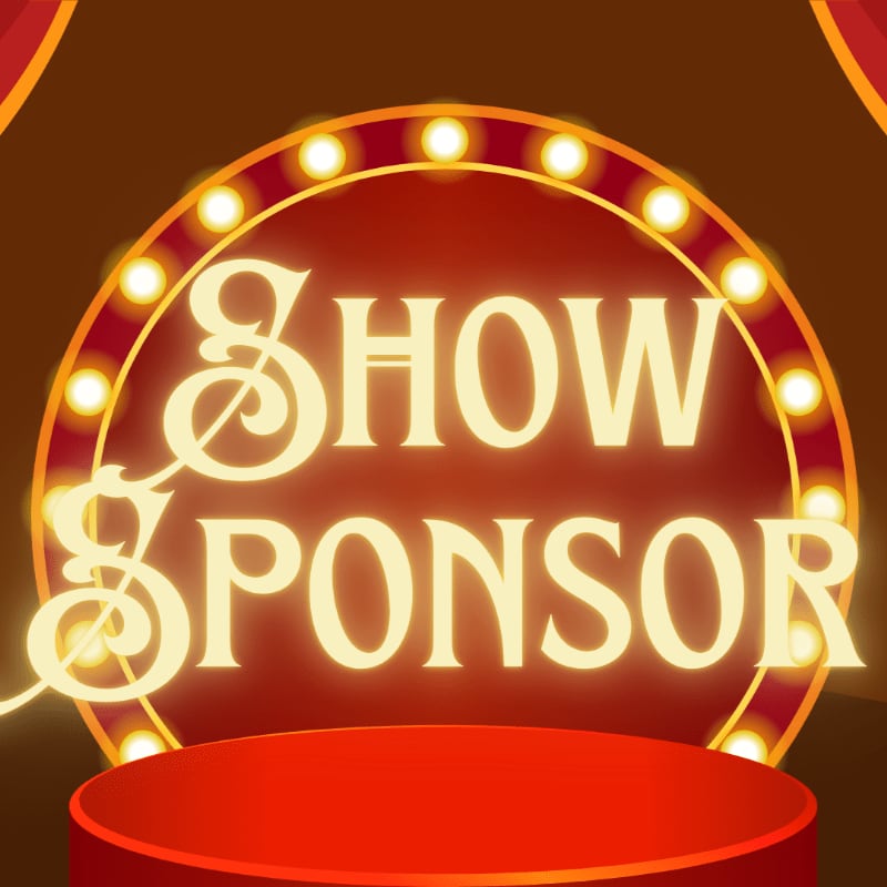 A red circular podium sits in the foreground before a glowing "SHOW SPONSOR" marquee sign set against a dark red background.
