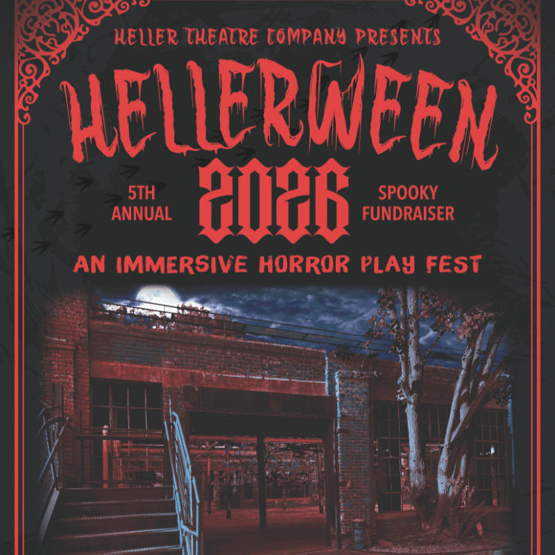 Red and black horror-themed text for "Hellerween 2026" sits above a dark, eerie image of a brick building under a full moon.
